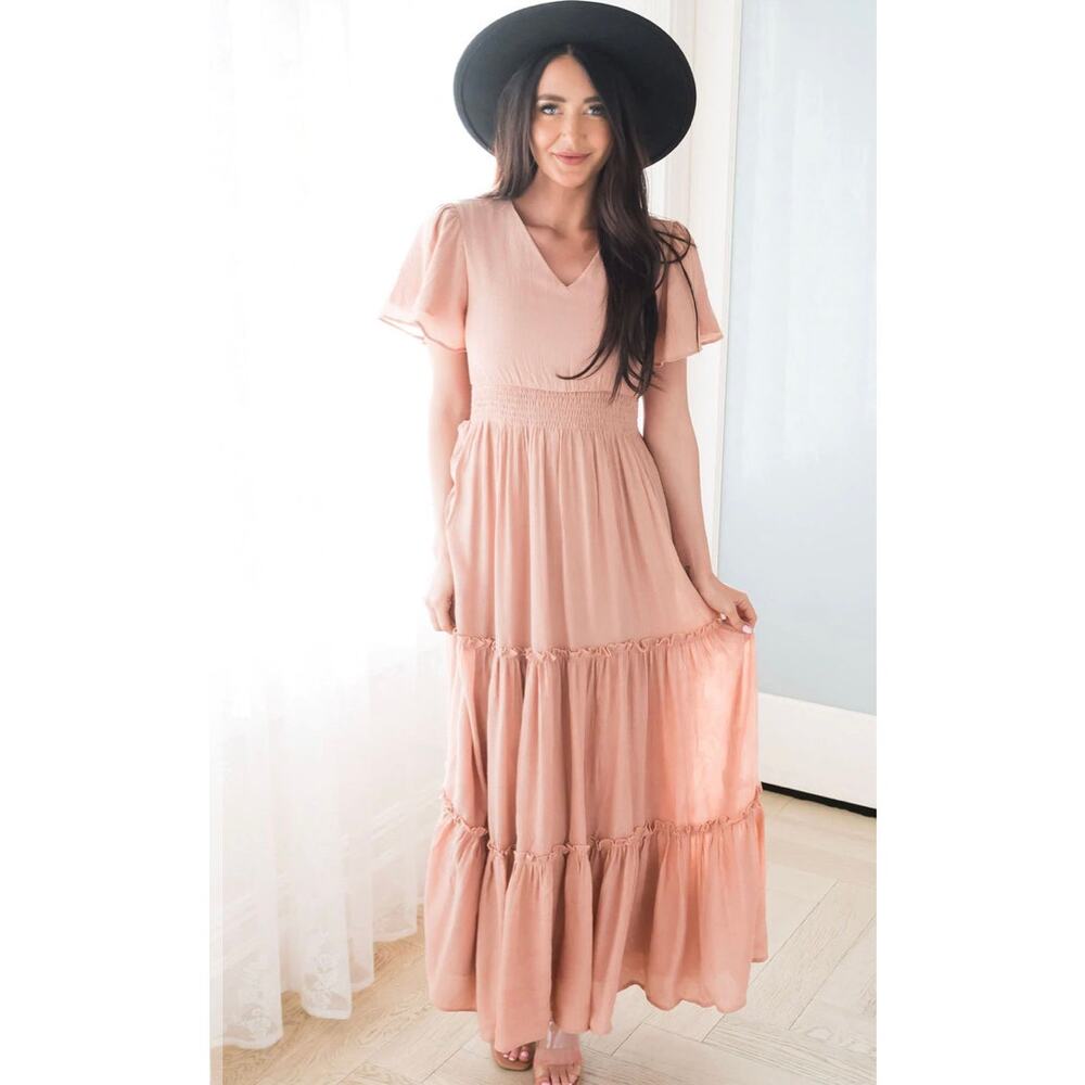 Mikarose Apricot Flutter Sleeve Boho Whimsical Tiered V-Neck Maxi Dress Sz L NWT - Picture 8 of 12